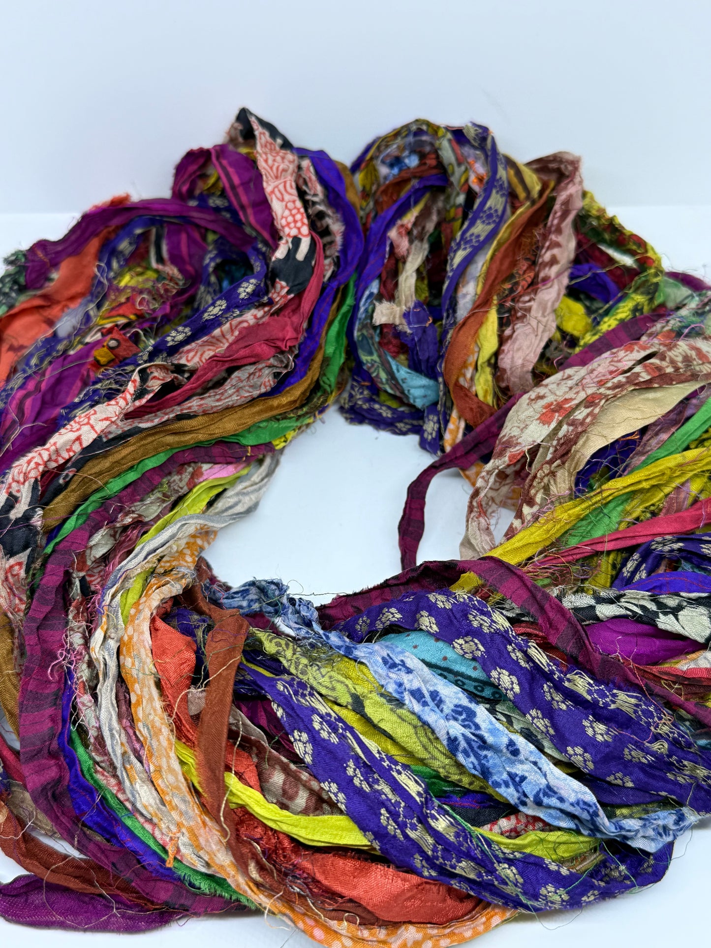 Patterned Sari Silk Ribbon Yarn in Mixed Prints for Eco Friendly Crafting