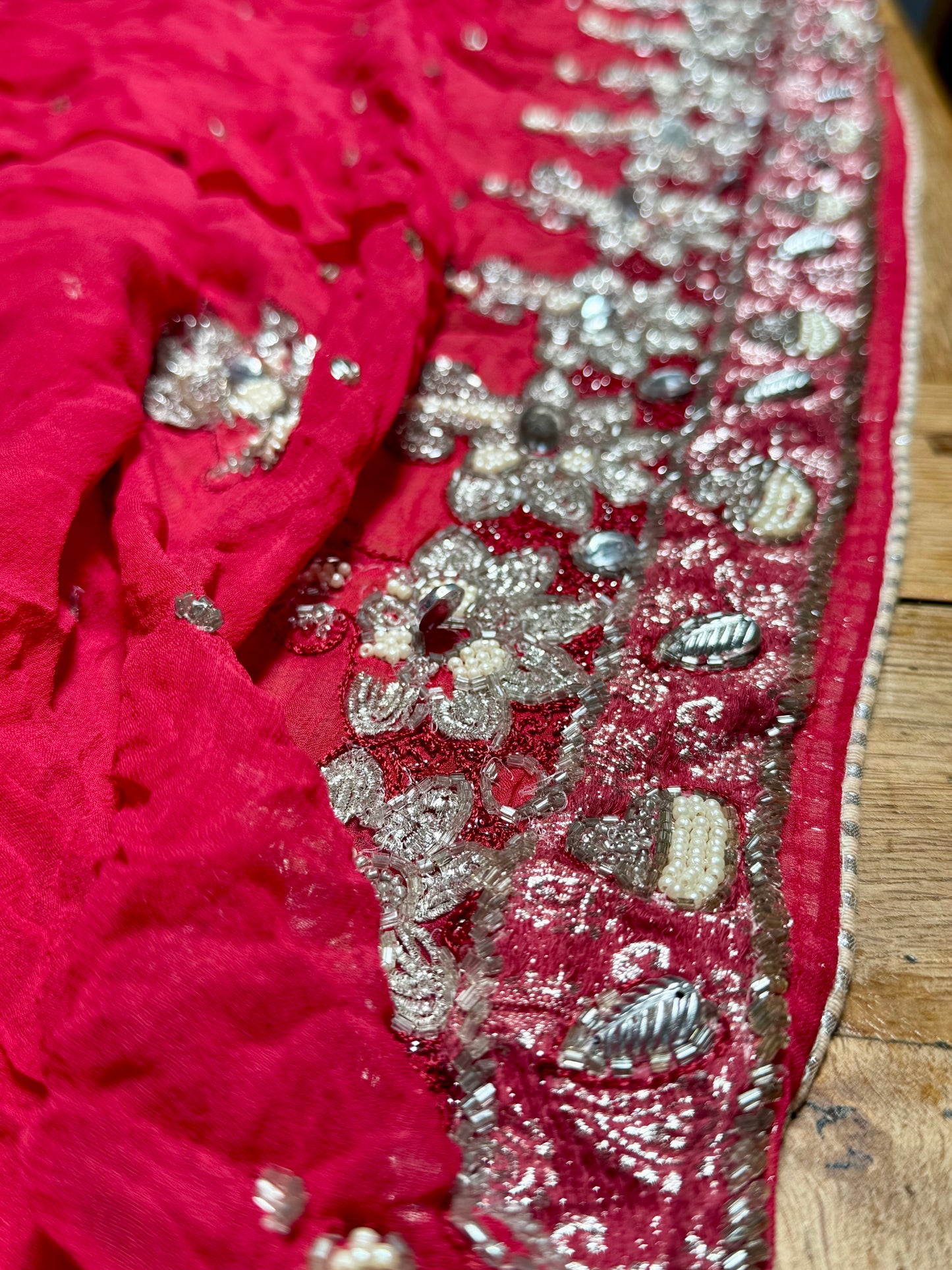 PURE SILK full sari. Heavily beaded. Red. Vintage saree. SOLD OUT