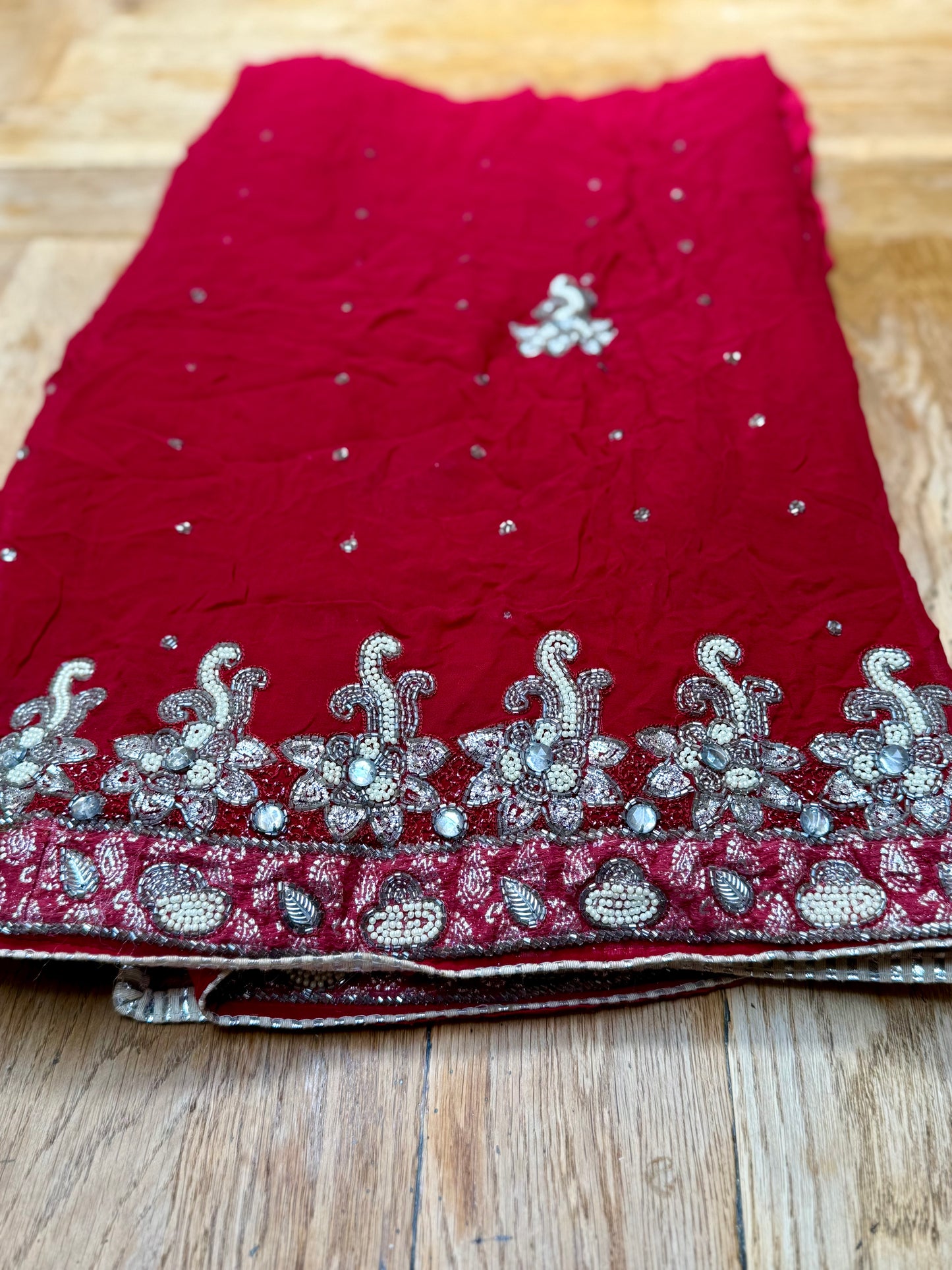 PURE SILK full sari. Heavily beaded. Red. Vintage saree. SOLD OUT
