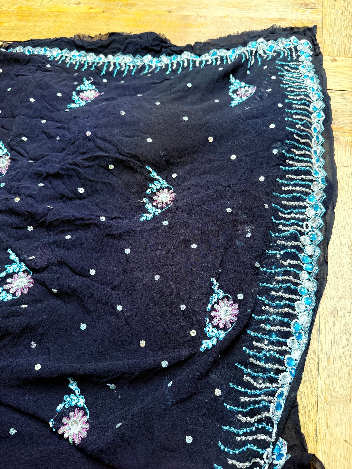 PURE SILK full sari. Heavily beaded. Black. Vintage saree. SOLD OUT