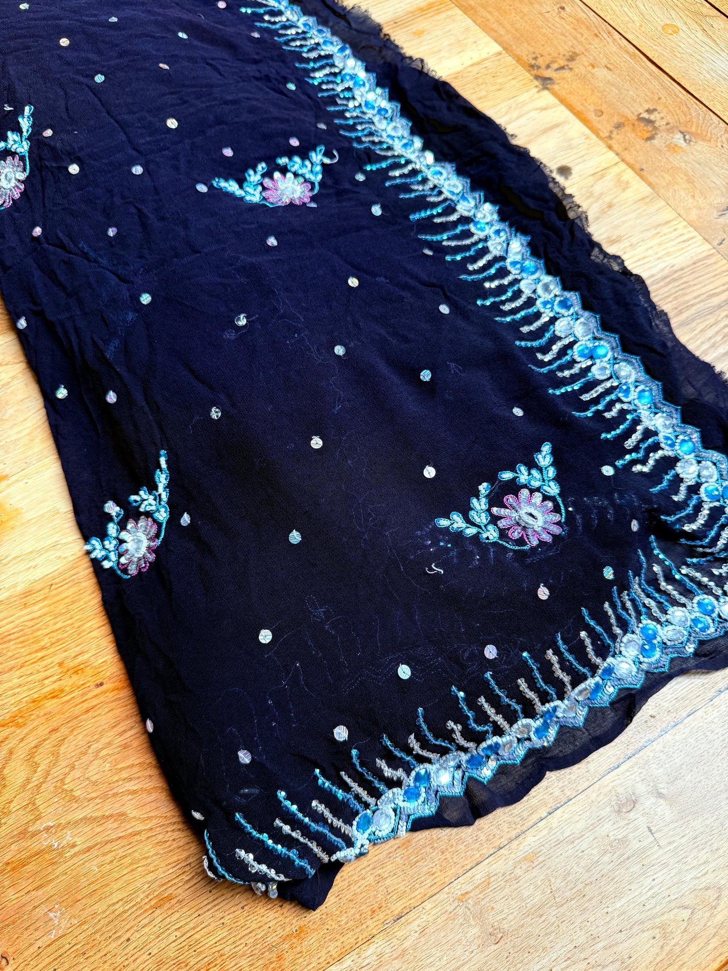 PURE SILK full sari. Heavily beaded. Black. Vintage saree. SOLD OUT