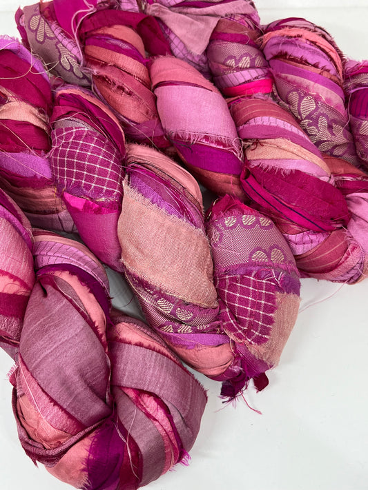 Sari Silk Ribbon Yarn – Pink Medley. Weaving and fibre arts.