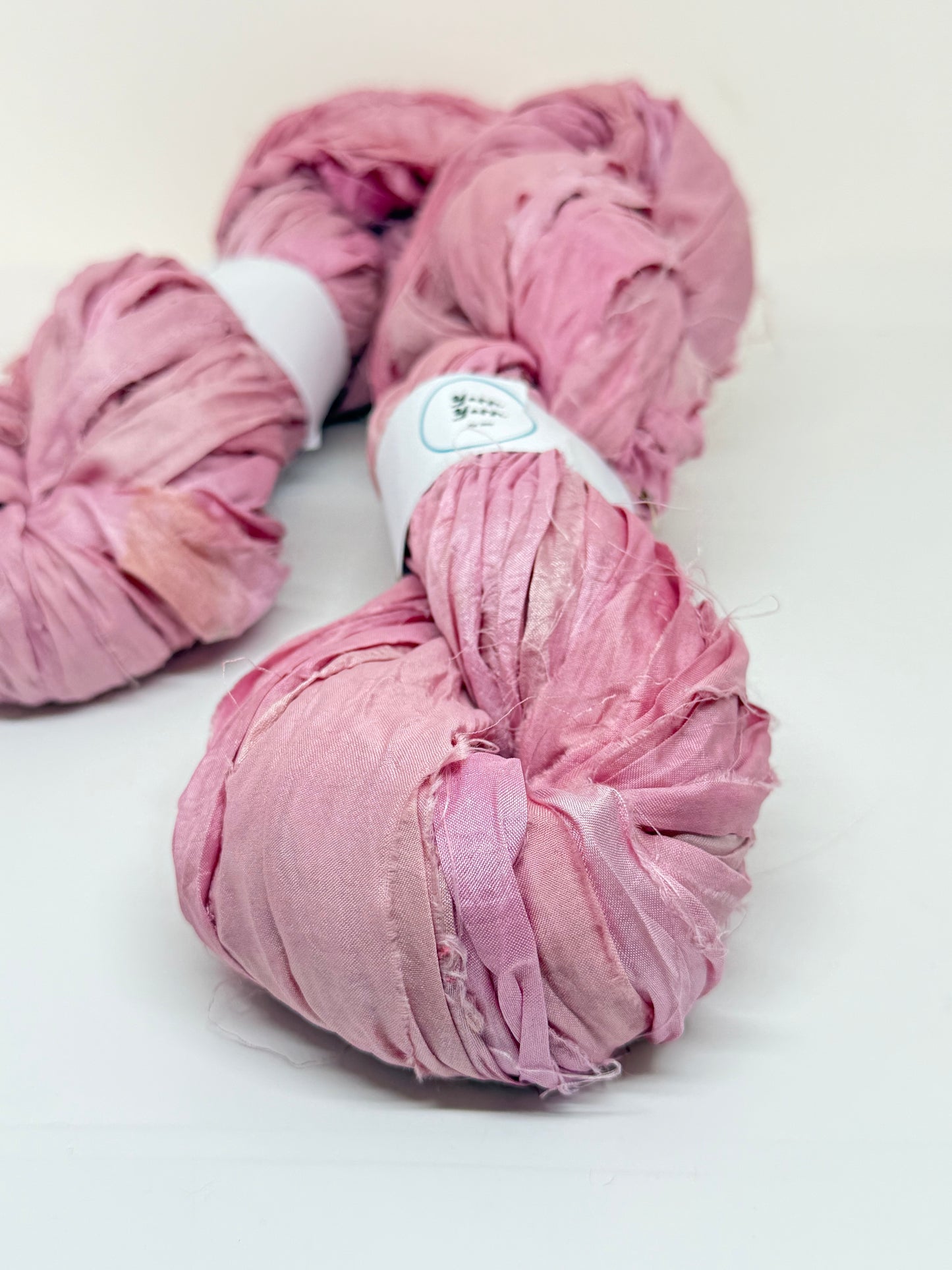Sari silk ribbon yarn, rose pink, sustainable ribbon yarn.