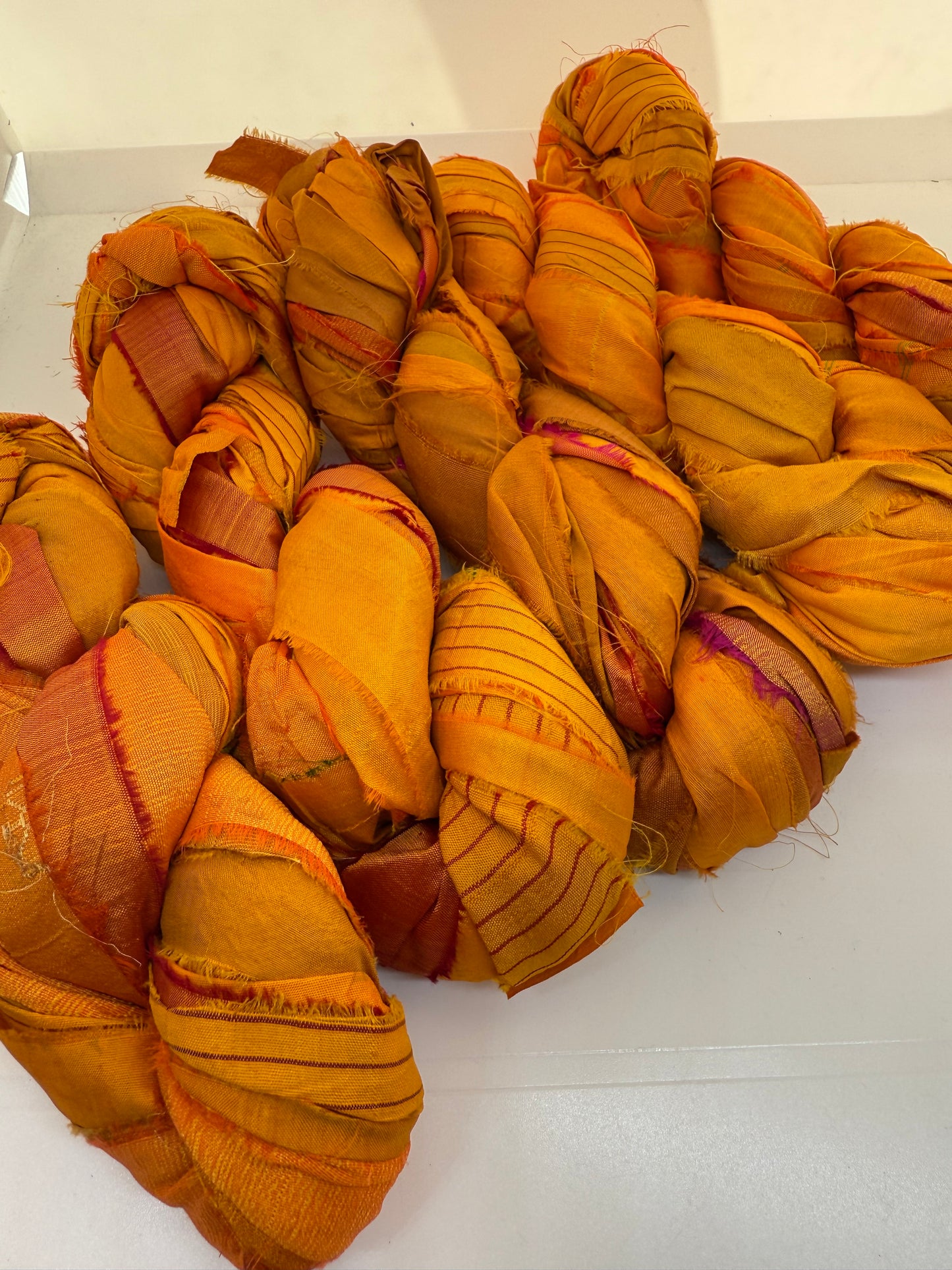 Sari silk ribbon, Golden Hues - fibre arts and crafts.