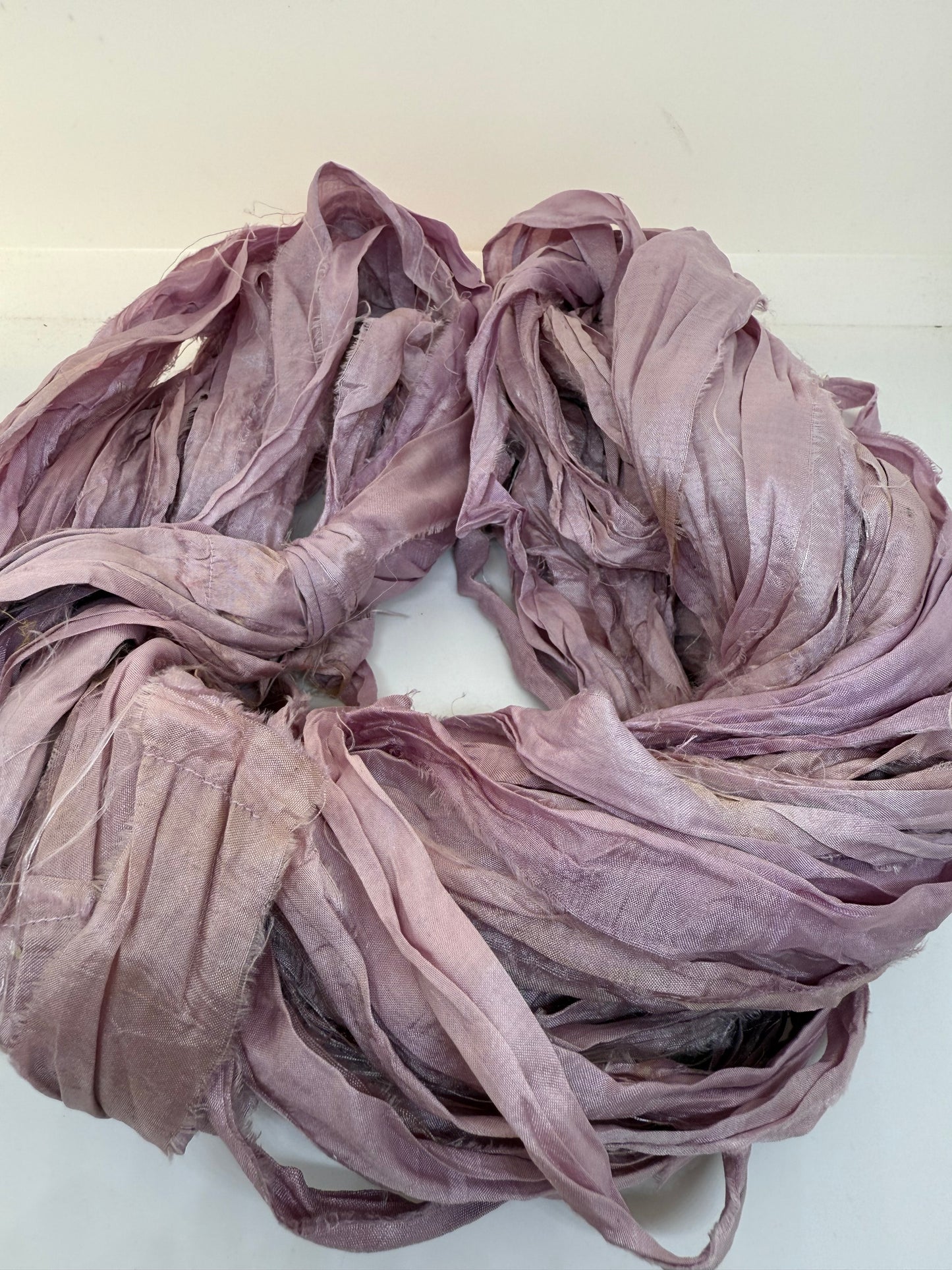 Sari Silk Ribbon Yarn – Damson light pink. Hand Dyed Silk