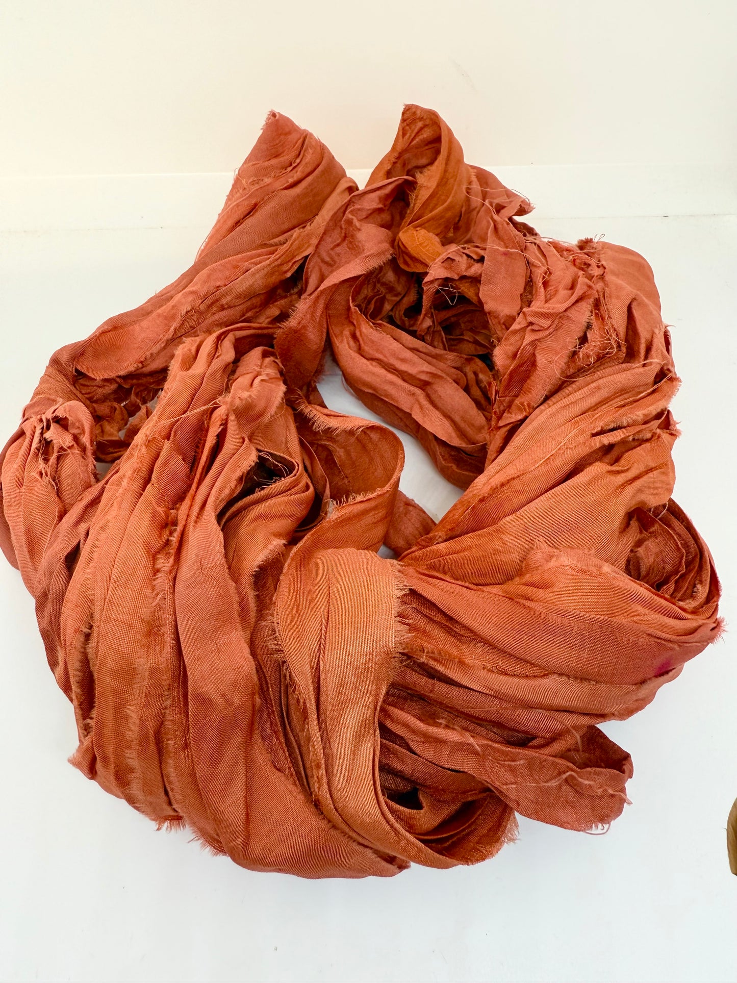 Sari silk ribbon, wide strips, yarn, fire orange.
