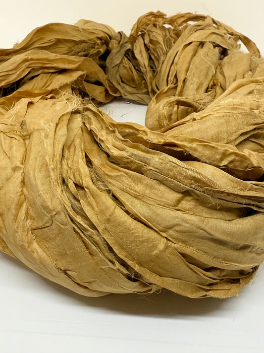 Sari silk ribbon yarn. Honey Gold. Craft ribbon. fibre arts.