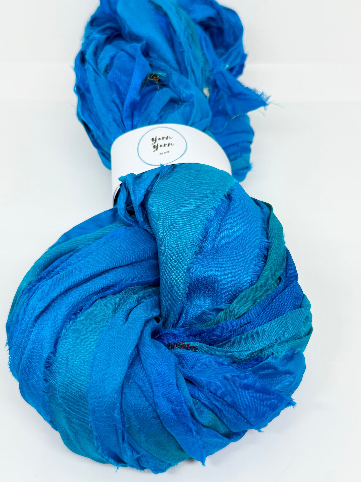 Sari Silk Ribbon Yarn in Turquoise Blue for Fibre Arts and Crafts. Ethical Ribbon Yarn.