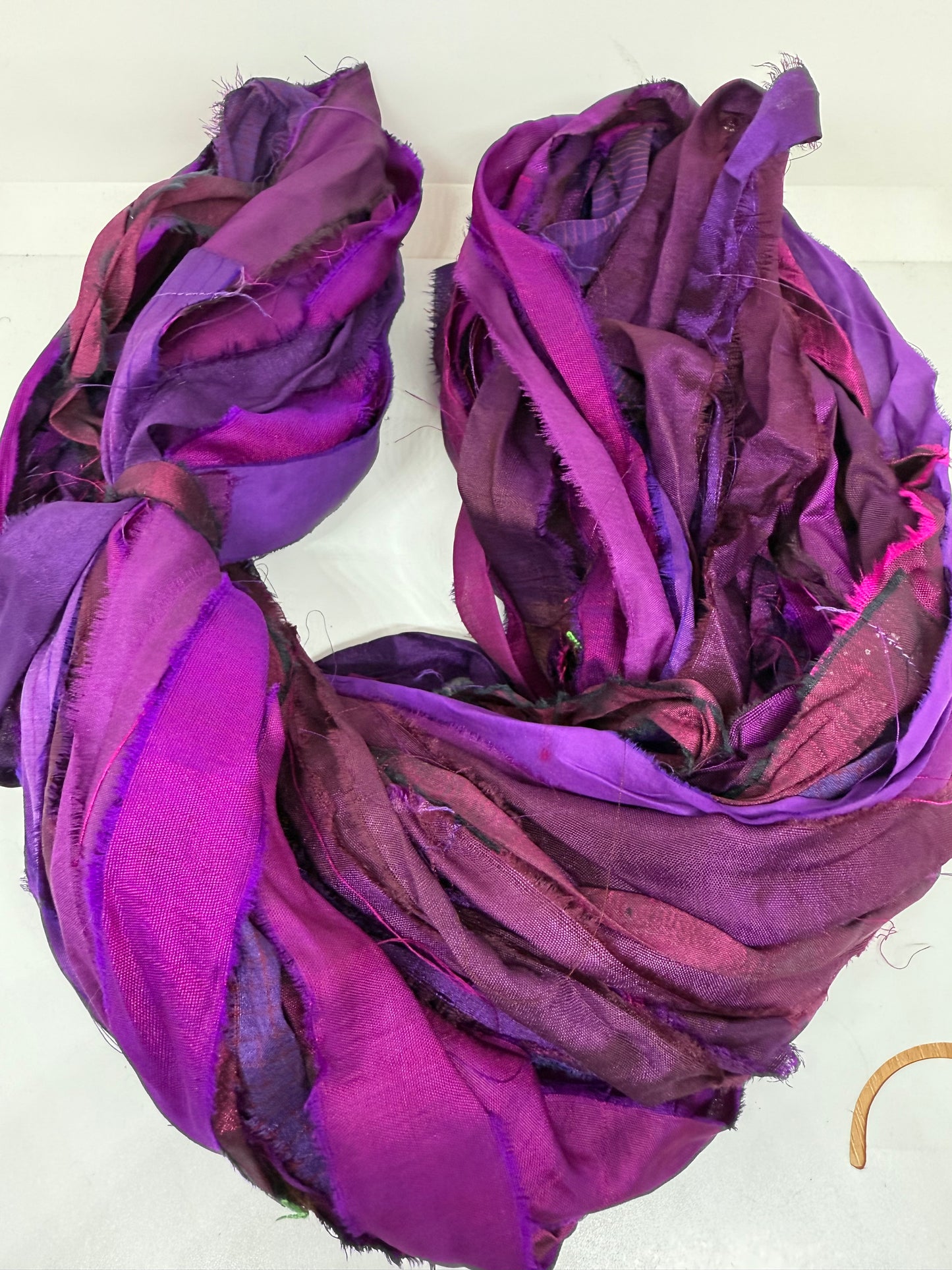 Sari Silk ribbon yarn, magenta, weaving and fibre art supplies.
