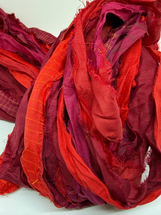 Sari Silk Ribbon Yarn In Mixed Reds For Fibre Art And Contemporary Crafting