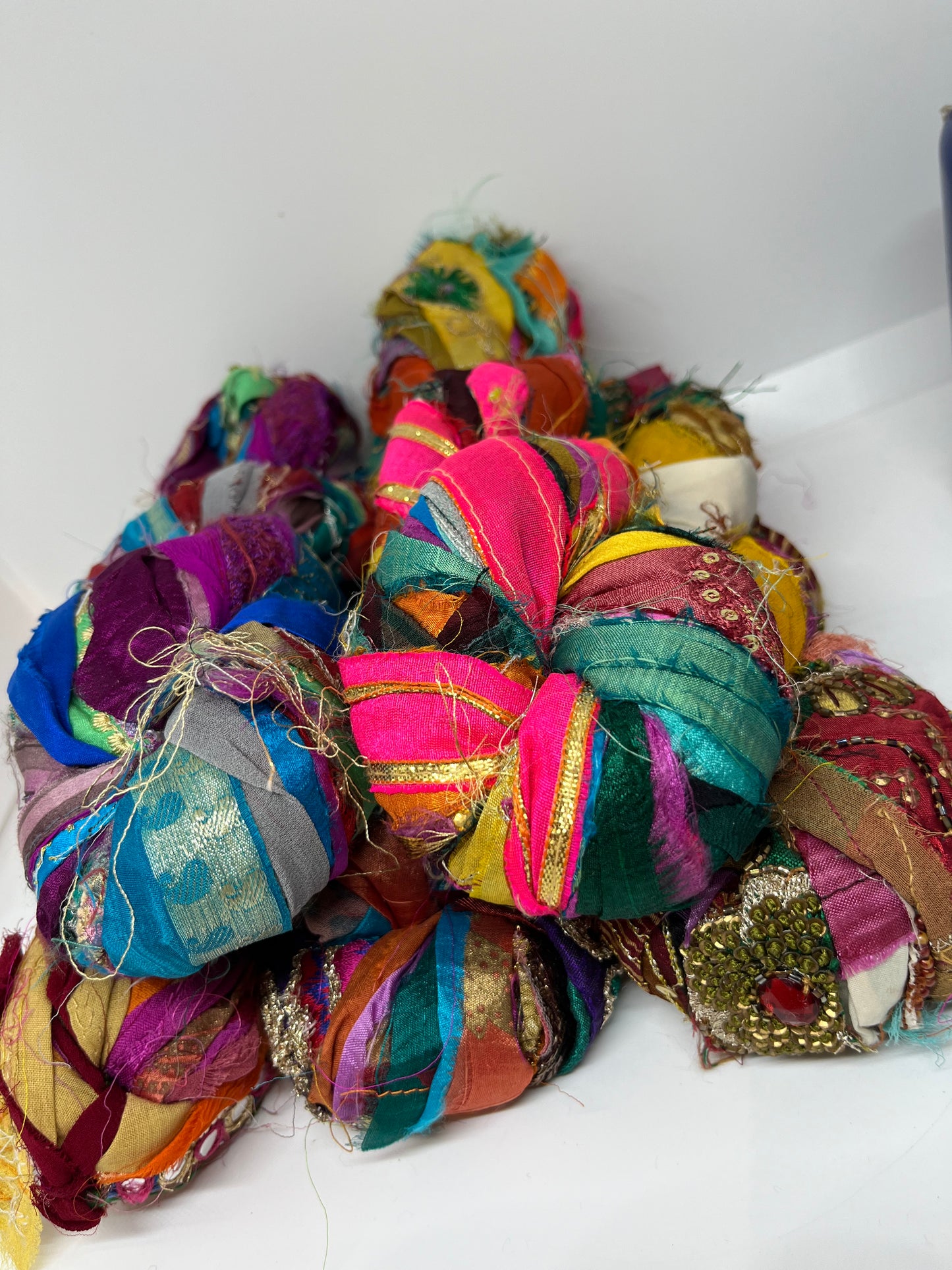 Embellished sari ribbon, texture, recycled and colourful