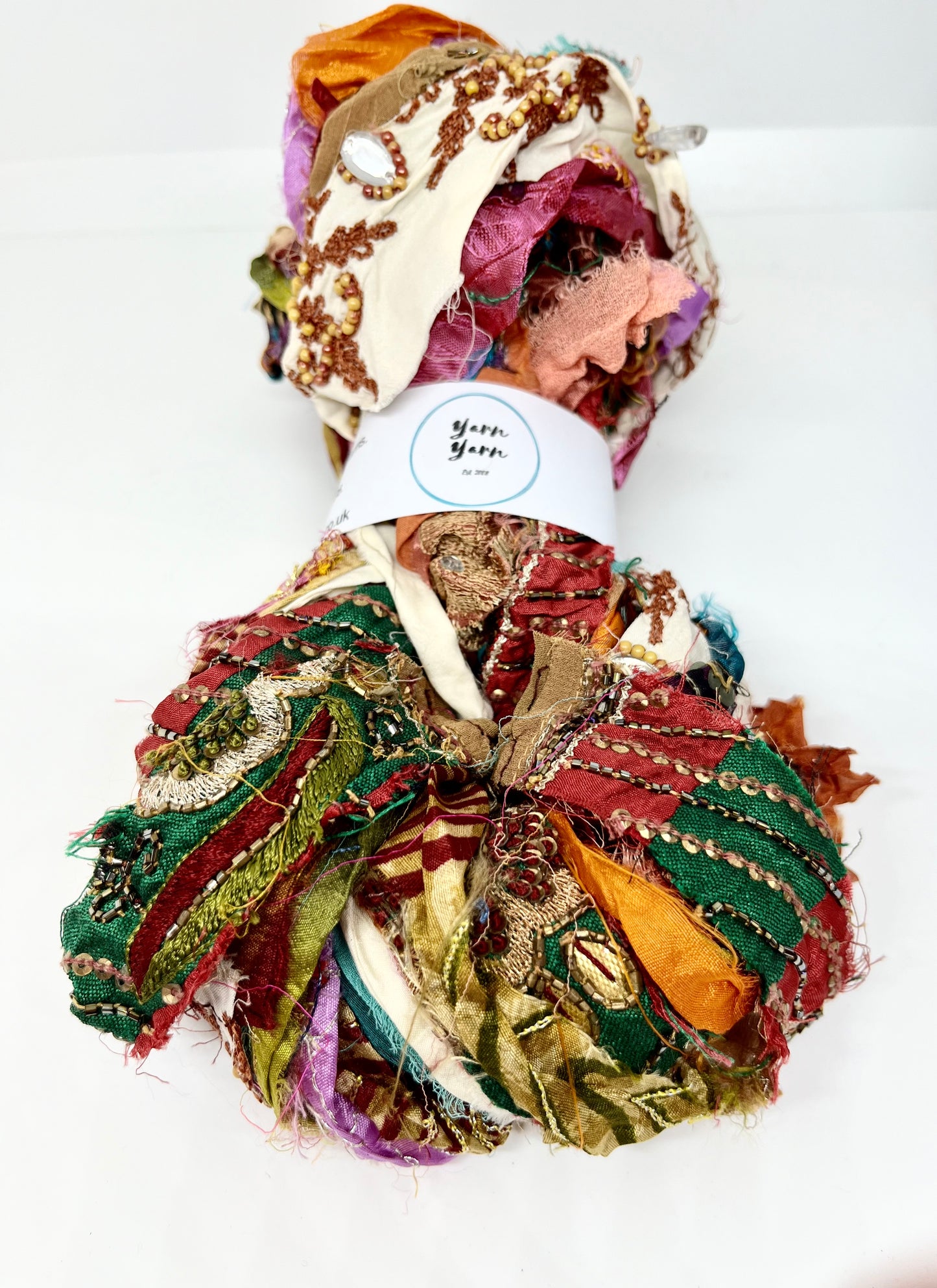 Embellished sari ribbon, texture, recycled and colourful