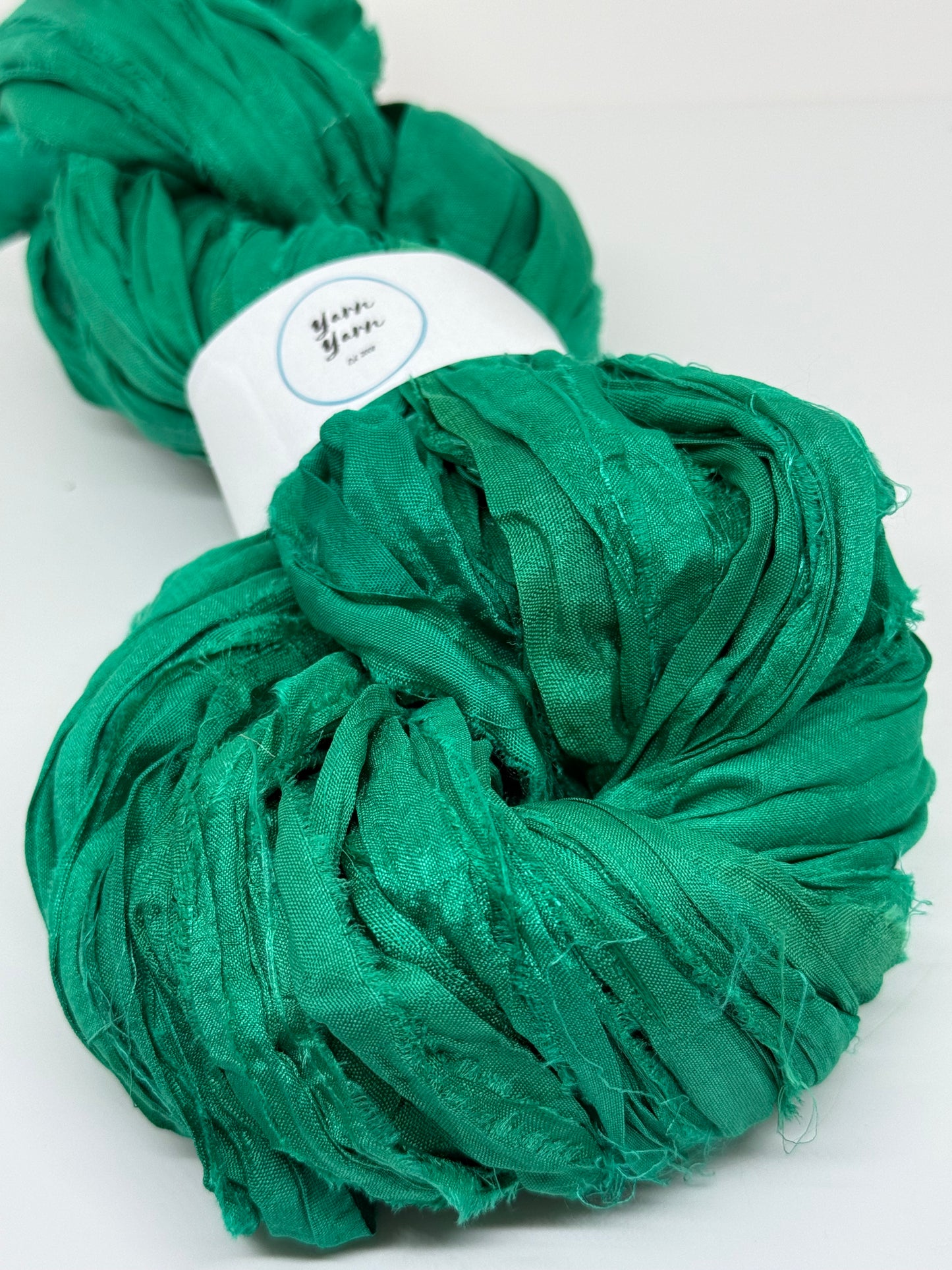Sari silk ribbon, emerald green. Ribbon yarn.