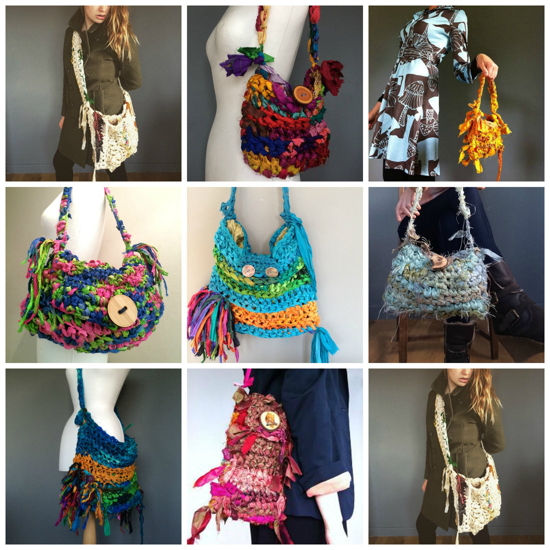 Crochet bag patterns, sari silk ribbon