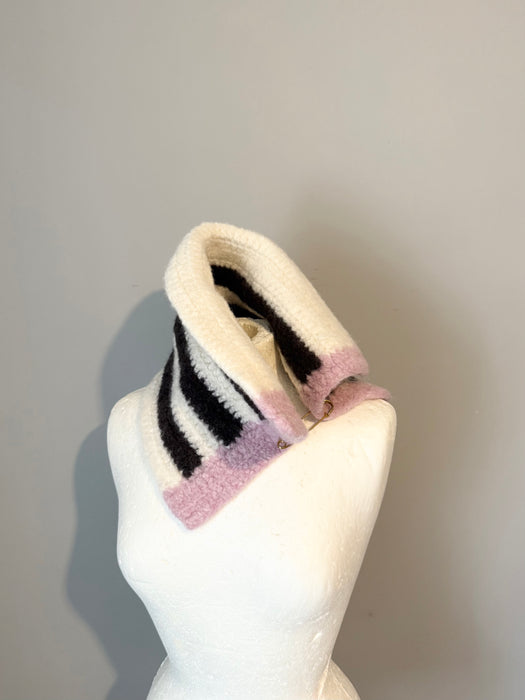 Crochet then felted Norwegian wool snood with vintage kilt pin fastening.