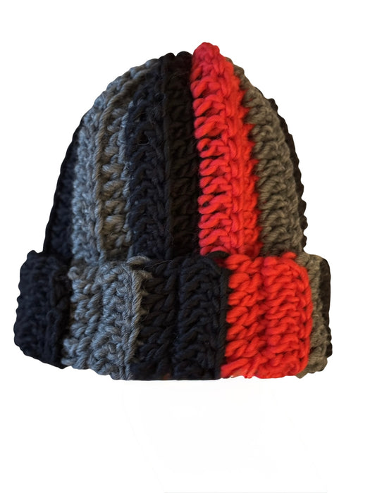 Crochet Beannie in red, black and grey Norwegian wool.