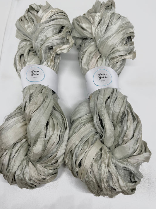 Handmade Sari Silk Ribbon Yarn in Silver Grey and Ice Blue