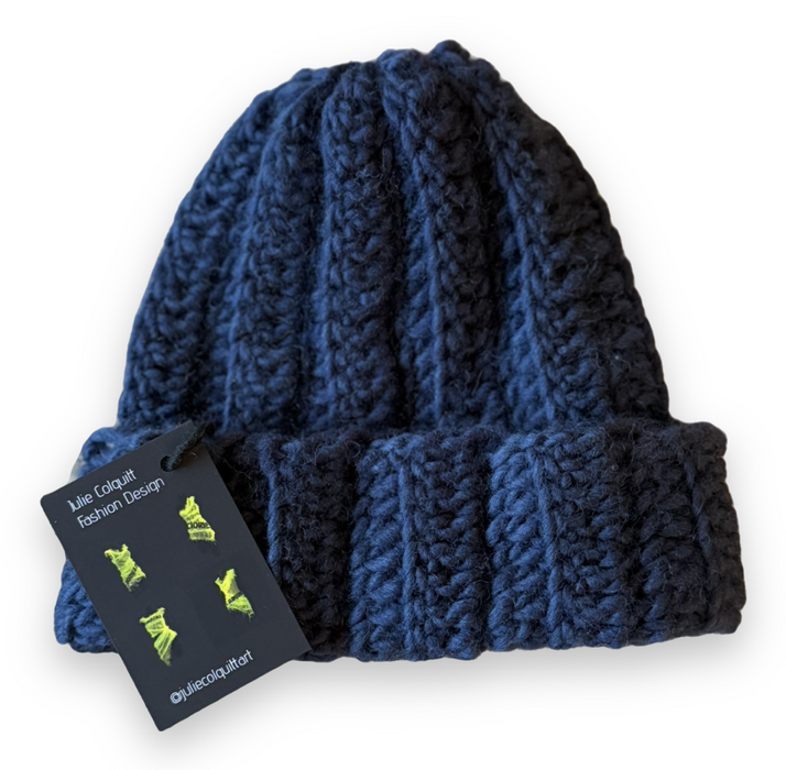 Crochet Beannie in rich navy Norwegian wool.