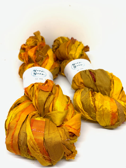 Sari silk ribbon yarn, wide strips. Golden yellow.