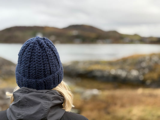 Crochet Beannie in rich navy Norwegian wool.