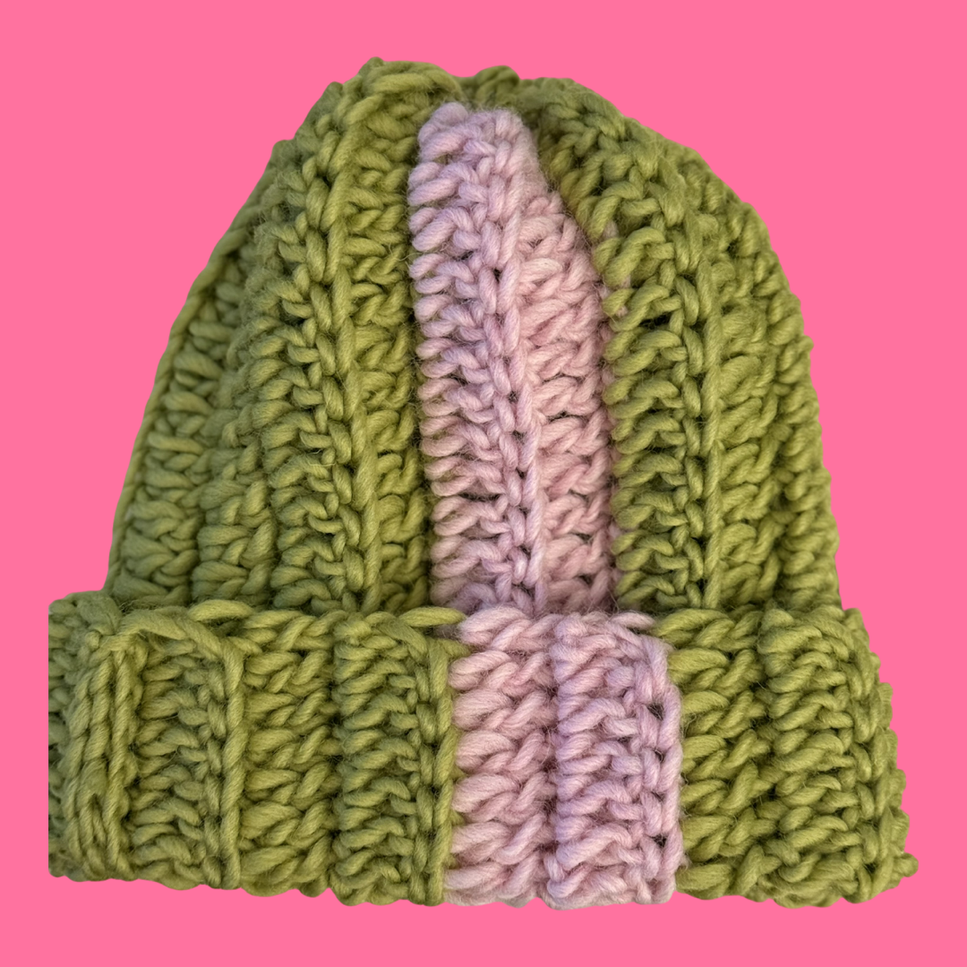 Crochet beanie in pine green and rose pink Norwegian wool.