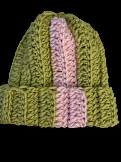 Crochet beanie in pine green and rose pink Norwegian wool.