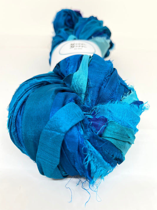 Sari Silk Ribbon Yarn in Turquoise Blue. Weaving and Fibre Art Yarn.