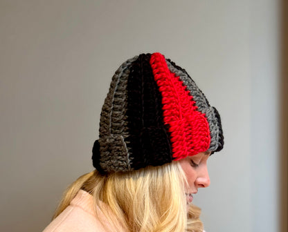Crochet Beannie in red, black and grey Norwegian wool.