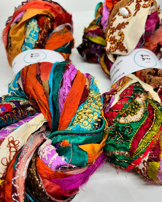 Embellished sari ribbon, texture, recycled and colourful