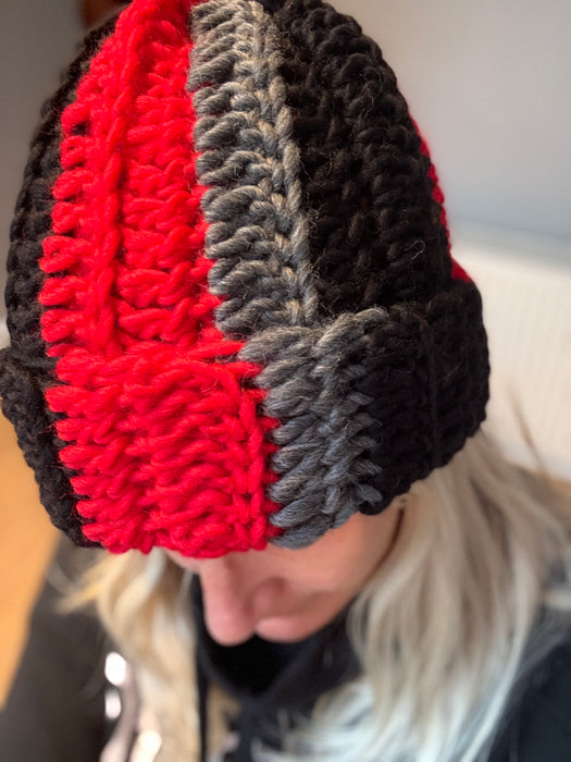 Crochet Beannie in red, black and grey Norwegian wool.