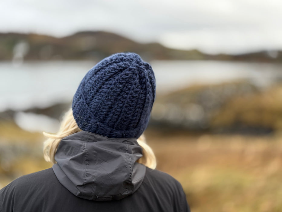 Crochet Beannie in rich navy Norwegian wool.