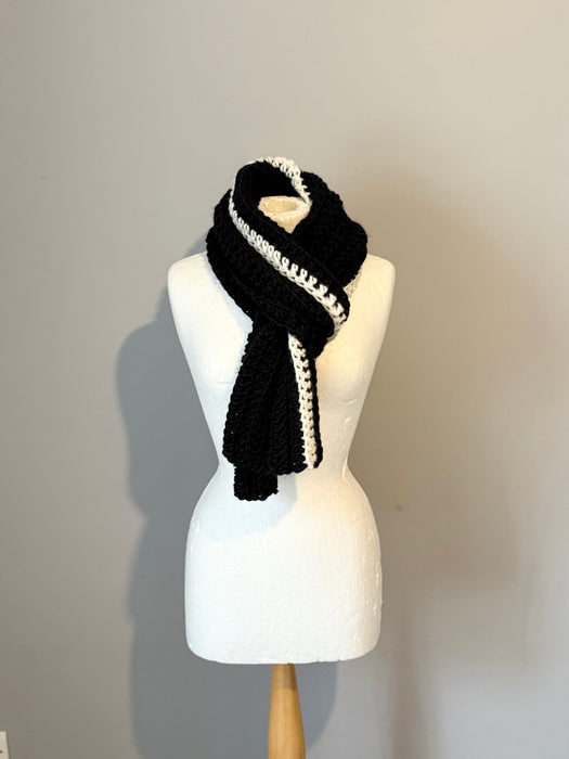 Crochet Norwegian wool scarf in long vertical lines.