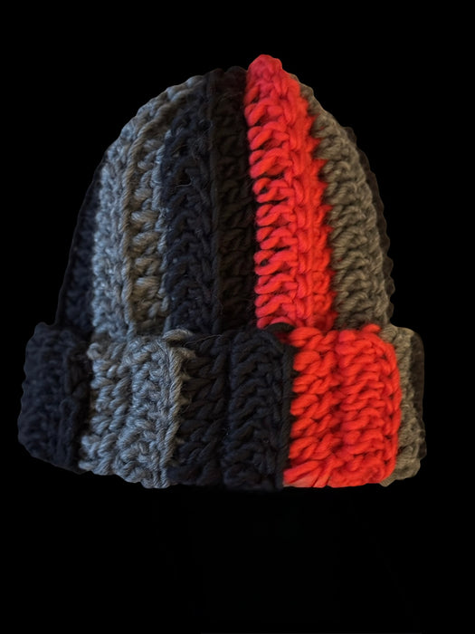 Crochet Beannie in red, black and grey Norwegian wool.