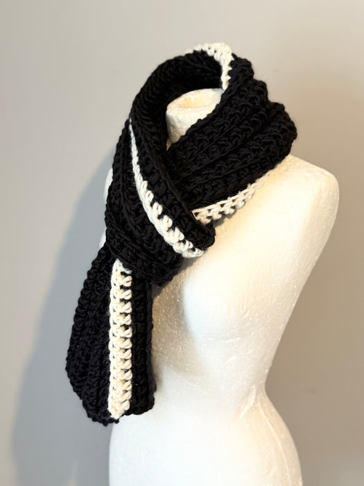 Crochet Norwegian wool scarf in long vertical lines.