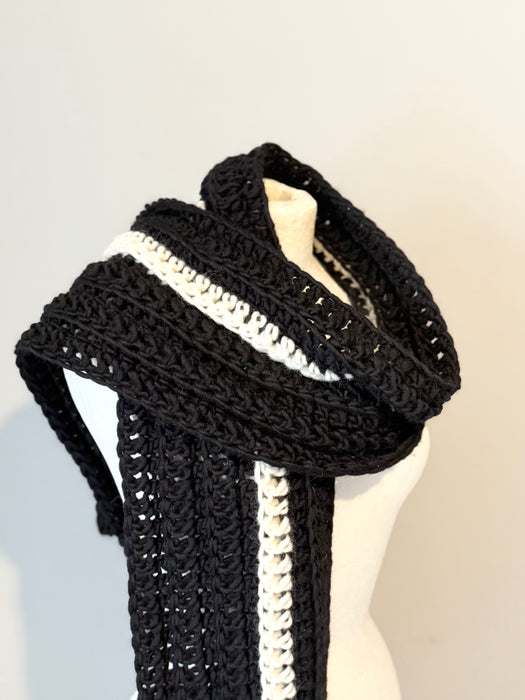 Crochet Norwegian wool scarf in long vertical lines.