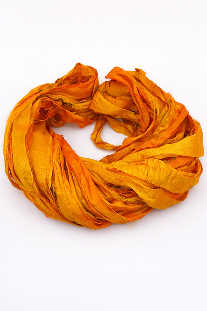 Sari silk ribbon, Golden Ember - fibre arts and crafts.