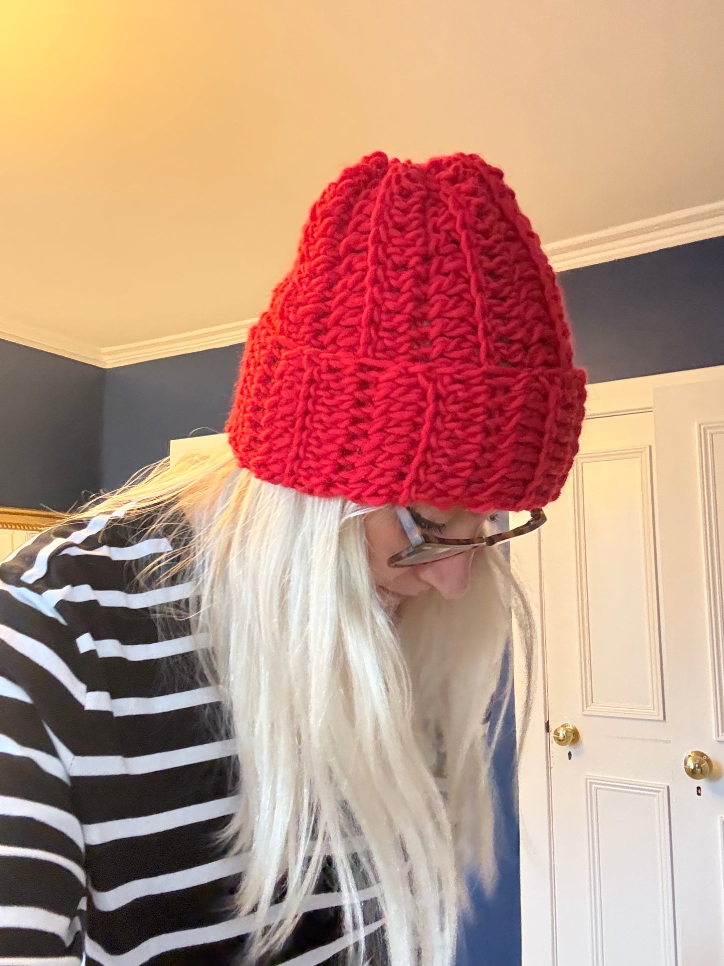 Crochet beanie in red Norwegian wool.