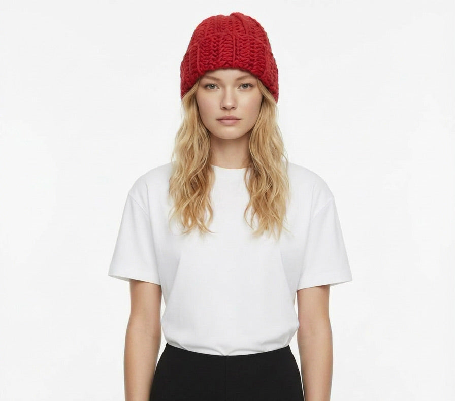 Crochet beanie in red Norwegian wool.