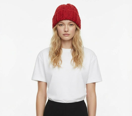 Crochet beanie in red Norwegian wool.