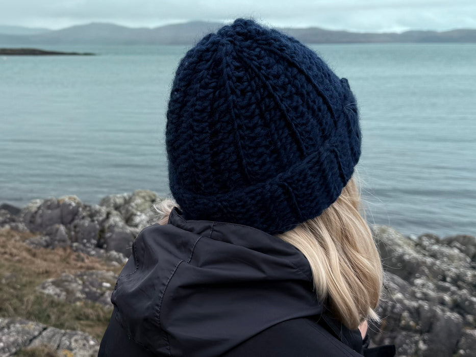 Crochet Beannie in rich navy Norwegian wool.