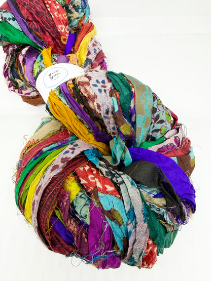 Patterned Sari Silk Ribbon Yarn in Mixed Prints for Eco Friendly Crafting