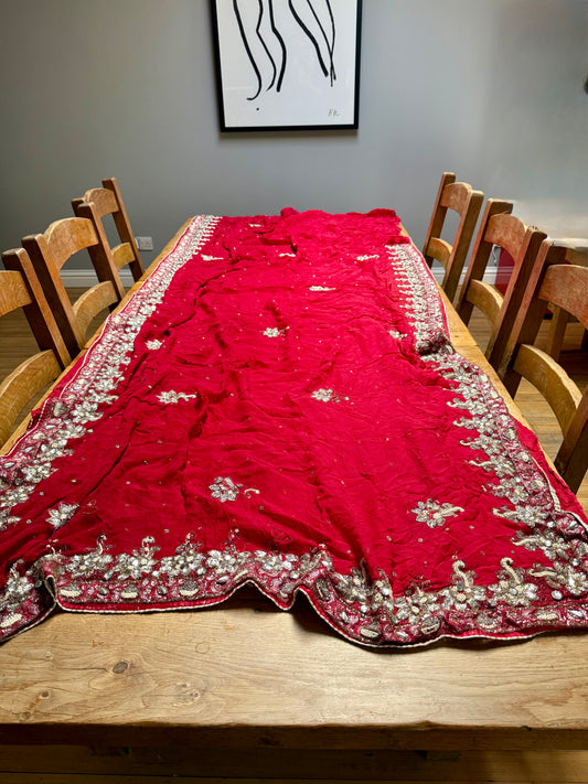 PURE SILK full sari. Heavily beaded. Red. Vintage saree. SOLD OUT