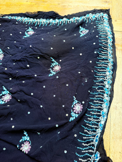 PURE SILK full sari. Heavily beaded. Black. Vintage saree. SOLD OUT