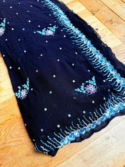 PURE SILK full sari. Heavily beaded. Black. Vintage saree. SOLD OUT