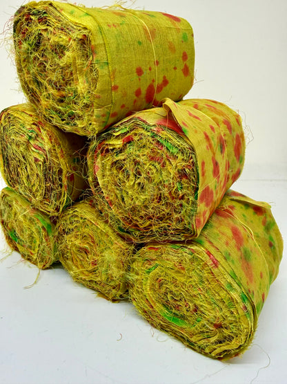 Sari silk fabric rolls hand spray dyed. Moss lit green