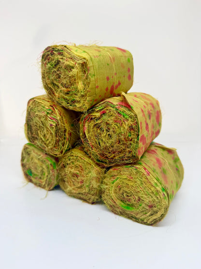 Sari silk fabric rolls hand spray dyed. Moss lit green