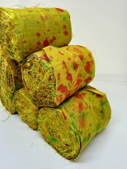 Sari silk fabric rolls hand spray dyed. Moss lit green
