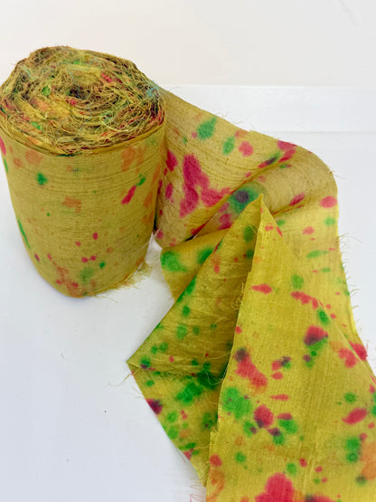 Sari silk fabric rolls hand spray dyed. Moss lit green