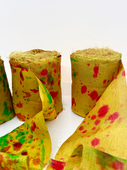 Sari silk fabric rolls hand spray dyed. Moss lit green