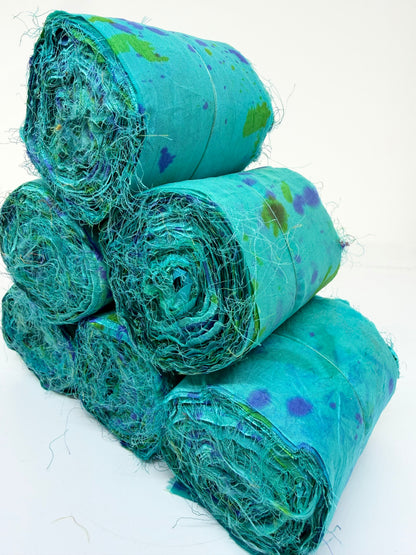 Sari silk fabric rolls hand spray dyed. Blue Reef